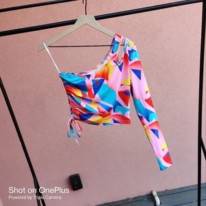 SHEIN cutout one shoulder long sleeve crop top multi-colored geometric size 4 S